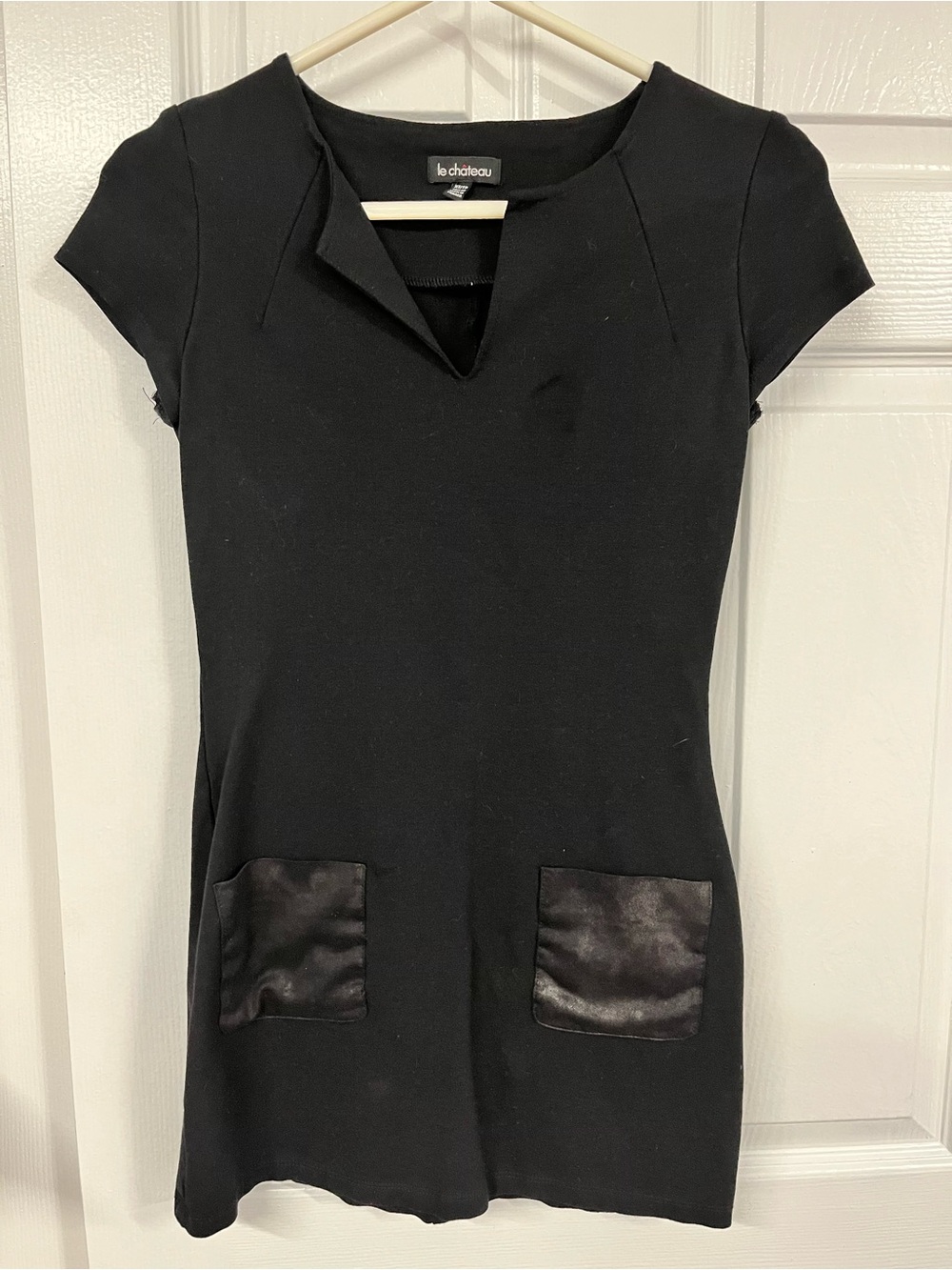 Le Château Retro Notch Collar Dress XS Faux Leather Pocket Trim Black